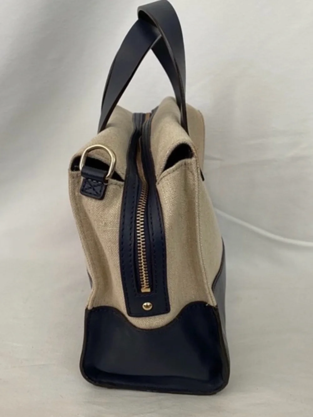 kate spade Beige and Navy Canvas Satchel with Gold Spade Logo